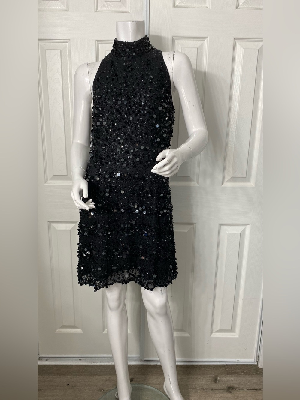 💯Silk Black Sequin Halter Mini Dress - Unbranded